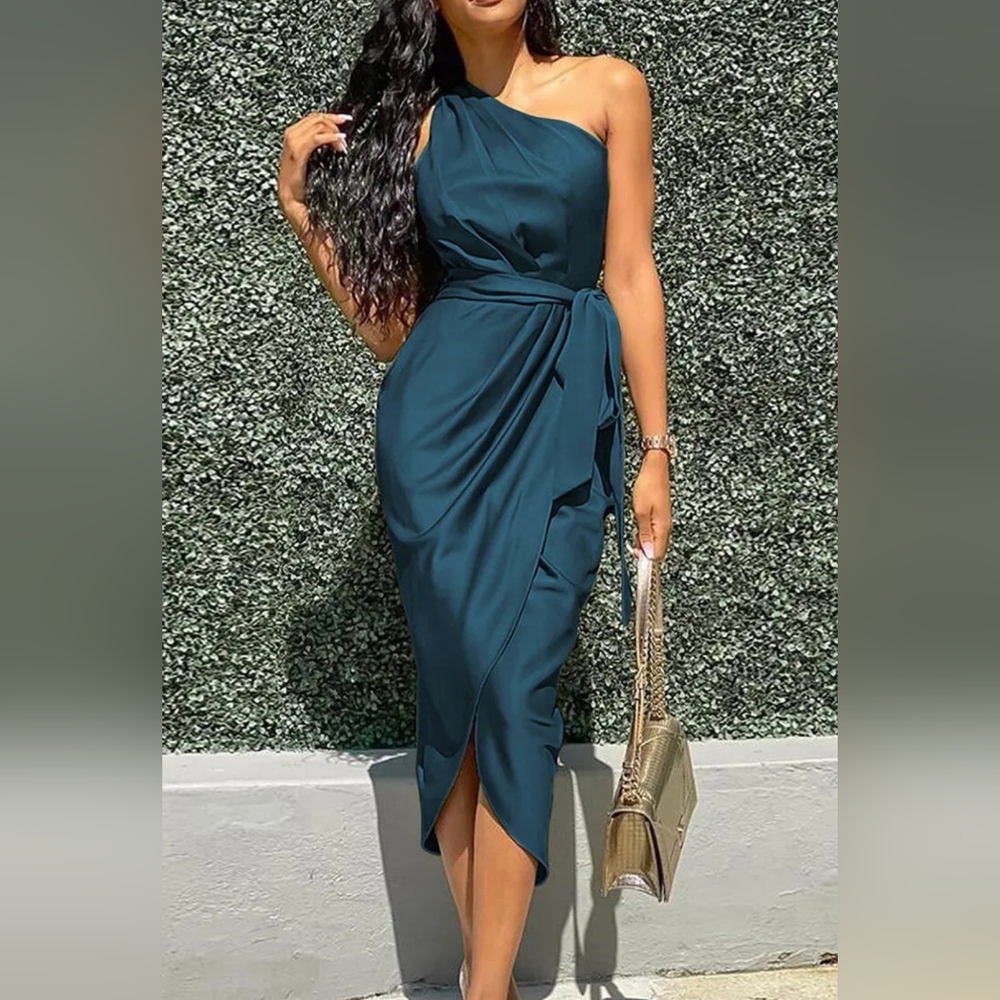 PrettyGarden One Shoulder Pleated Satin Dress